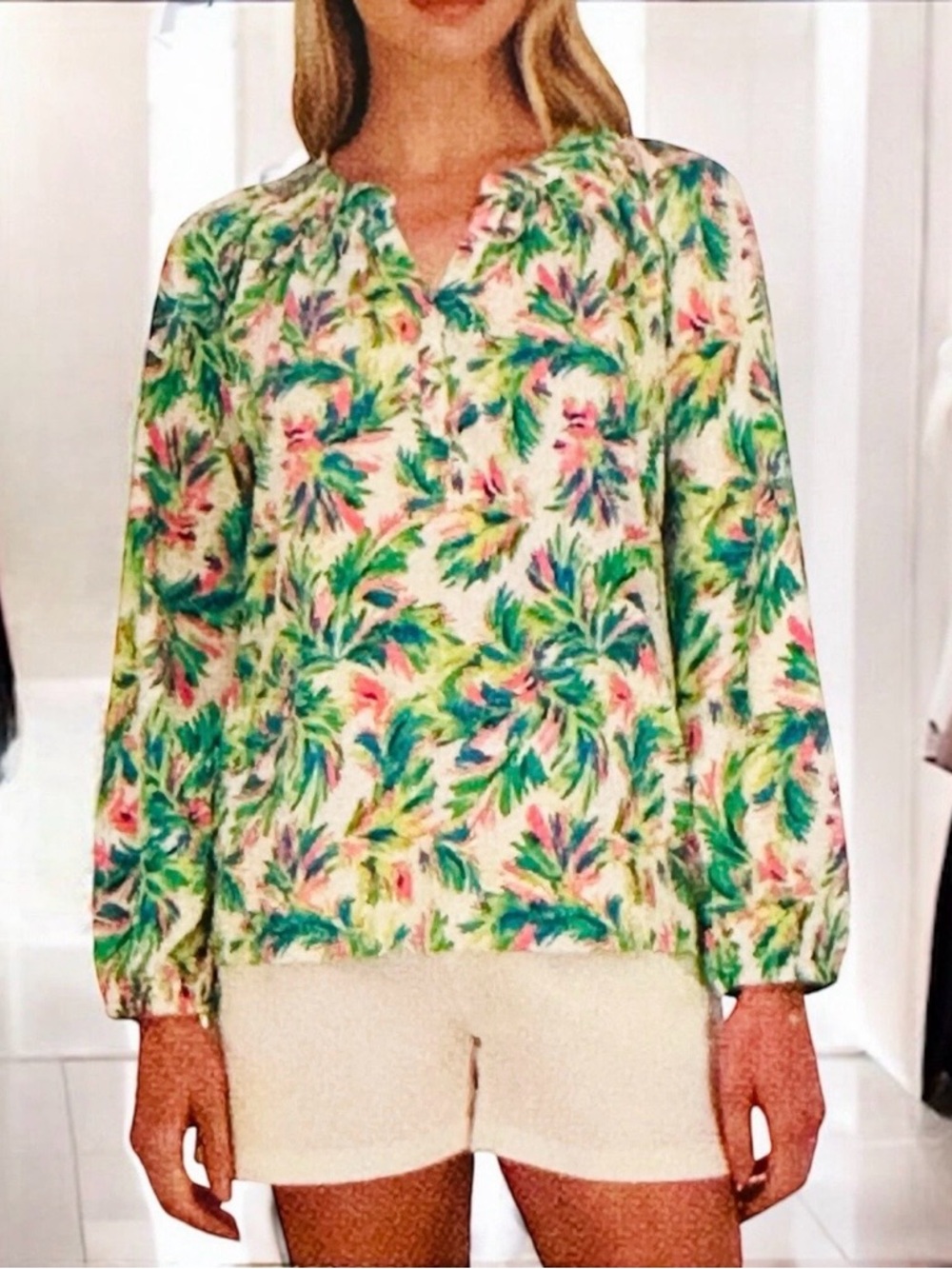 Stella Parker Long-Sleeve Floral V-Neck Blouse size 2XL